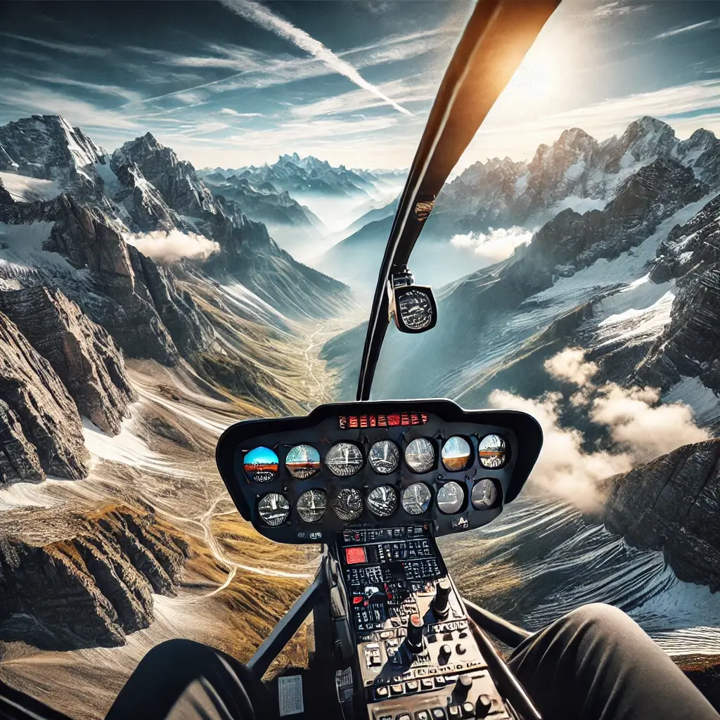 A stunning aerial view from a helicopter cockpit flying over the scenic route from Pahalgam to Amarnath, showcasing snow-capped mountains and deep valleys.